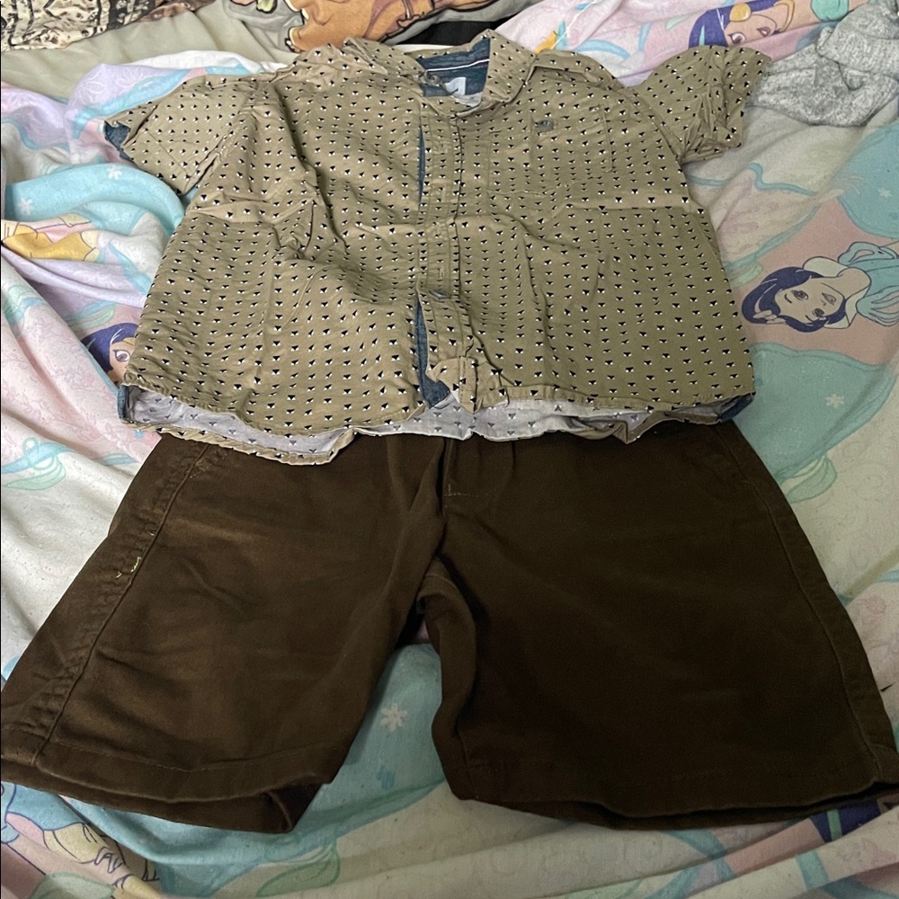 Kids Two-Piece Matching Set in Tan and Brown - Lightweight Shirt & Shorts